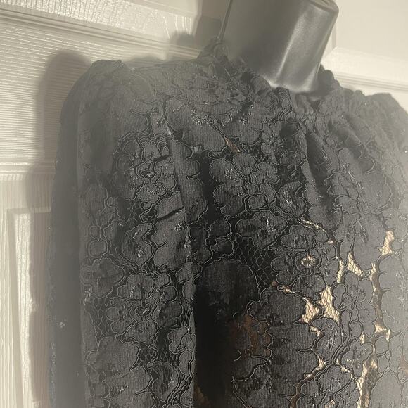 WAYF Lace Blouse Womens Small Black Floral Sheer Attached Tan Cami Mock Neck Top - Picture 2 of 9